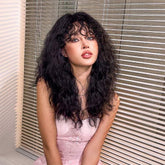 Long Black Water Wave Synthetic Fiber Wig with Bangs